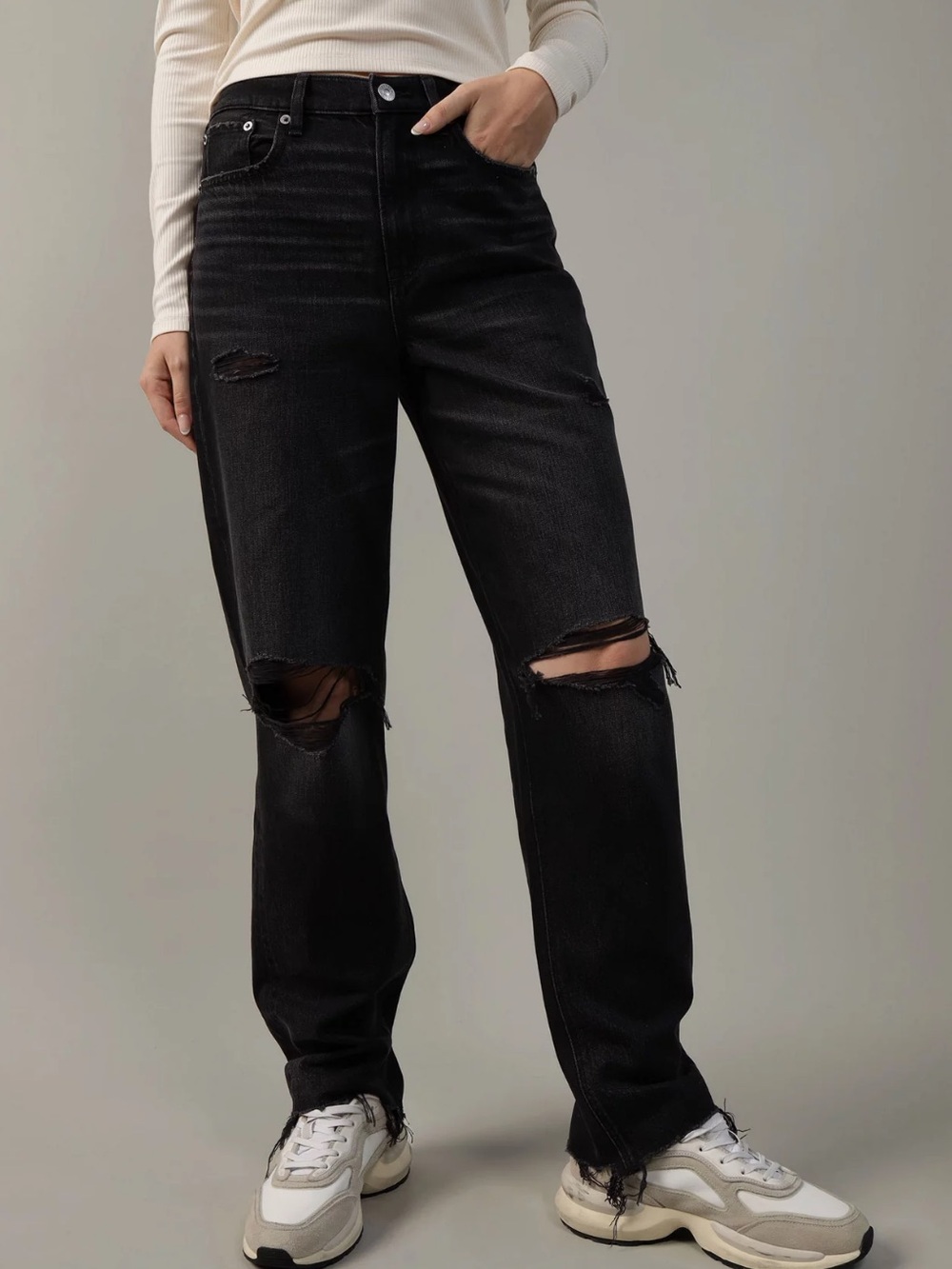 American Eagle Strigid Curvy Baggy Straight Jeans Women’s Size 8 Black Denim
